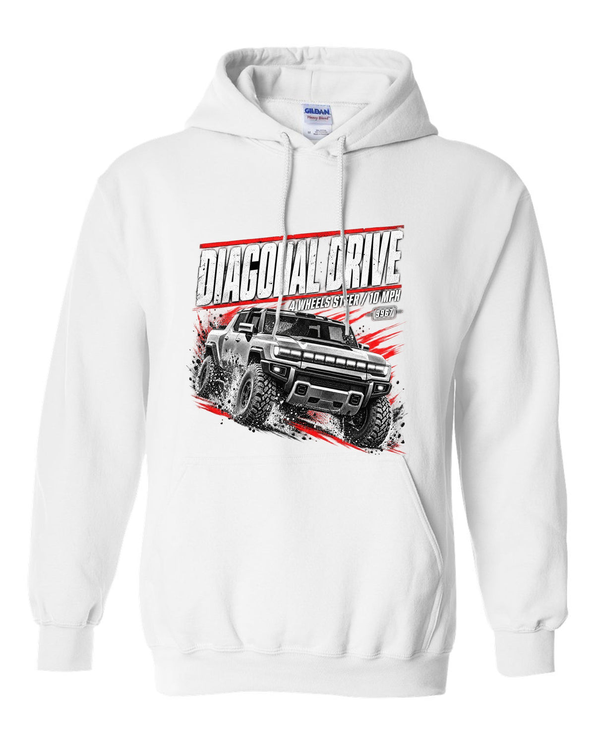 GMC Hummer EV pickup moving diagonally in a race poster design white pull over hoodie front view with the design