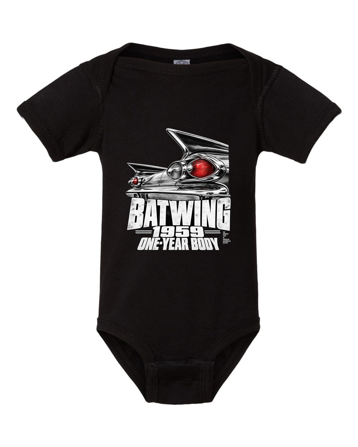 1959 Impala rear batwing taillight macro print with one-year body text black baby onesie front view with the design