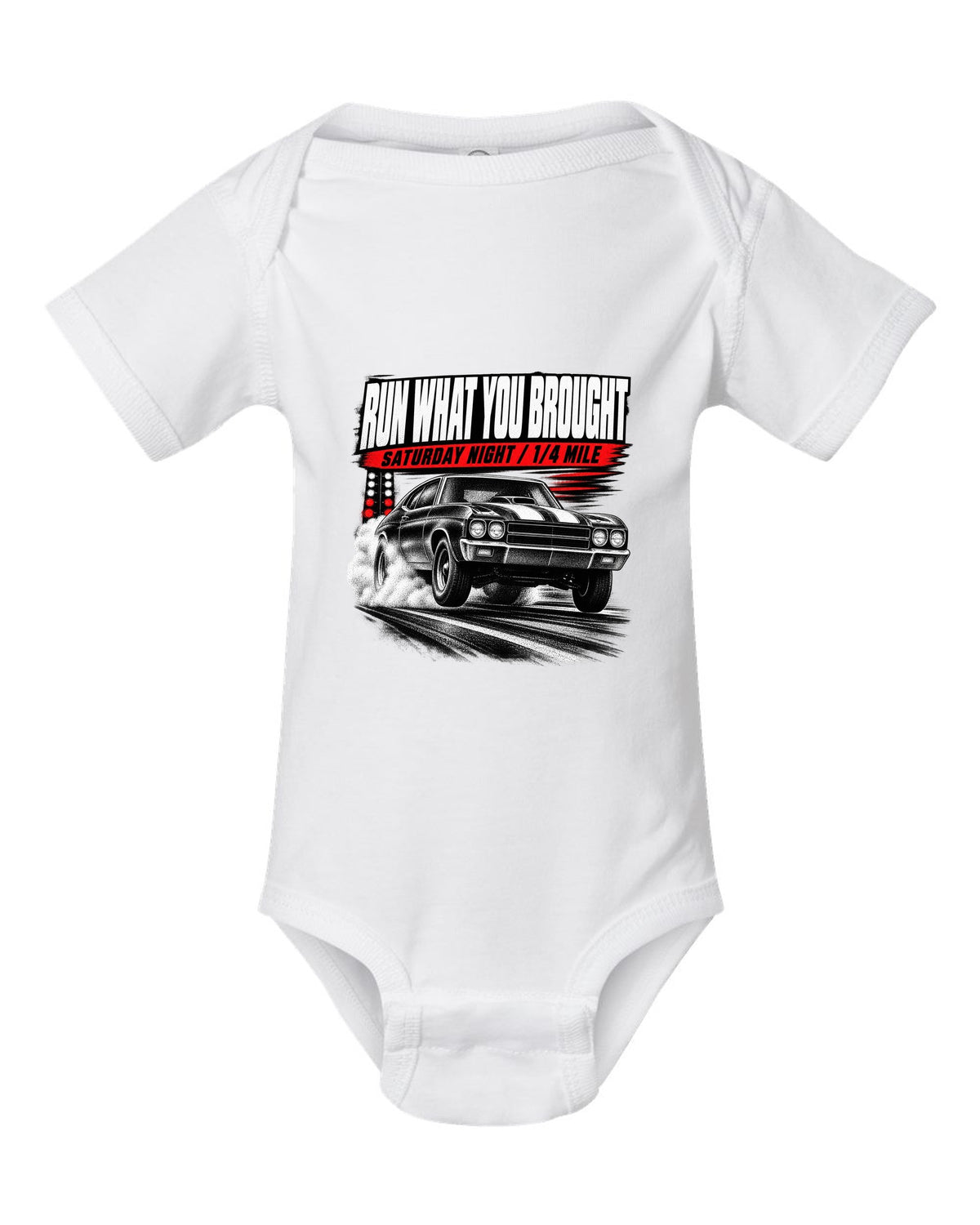 Race-poster print of a 1970 Chevrolet Chevelle SS with run w you brought and quarter mile text white baby onesie front view with the design