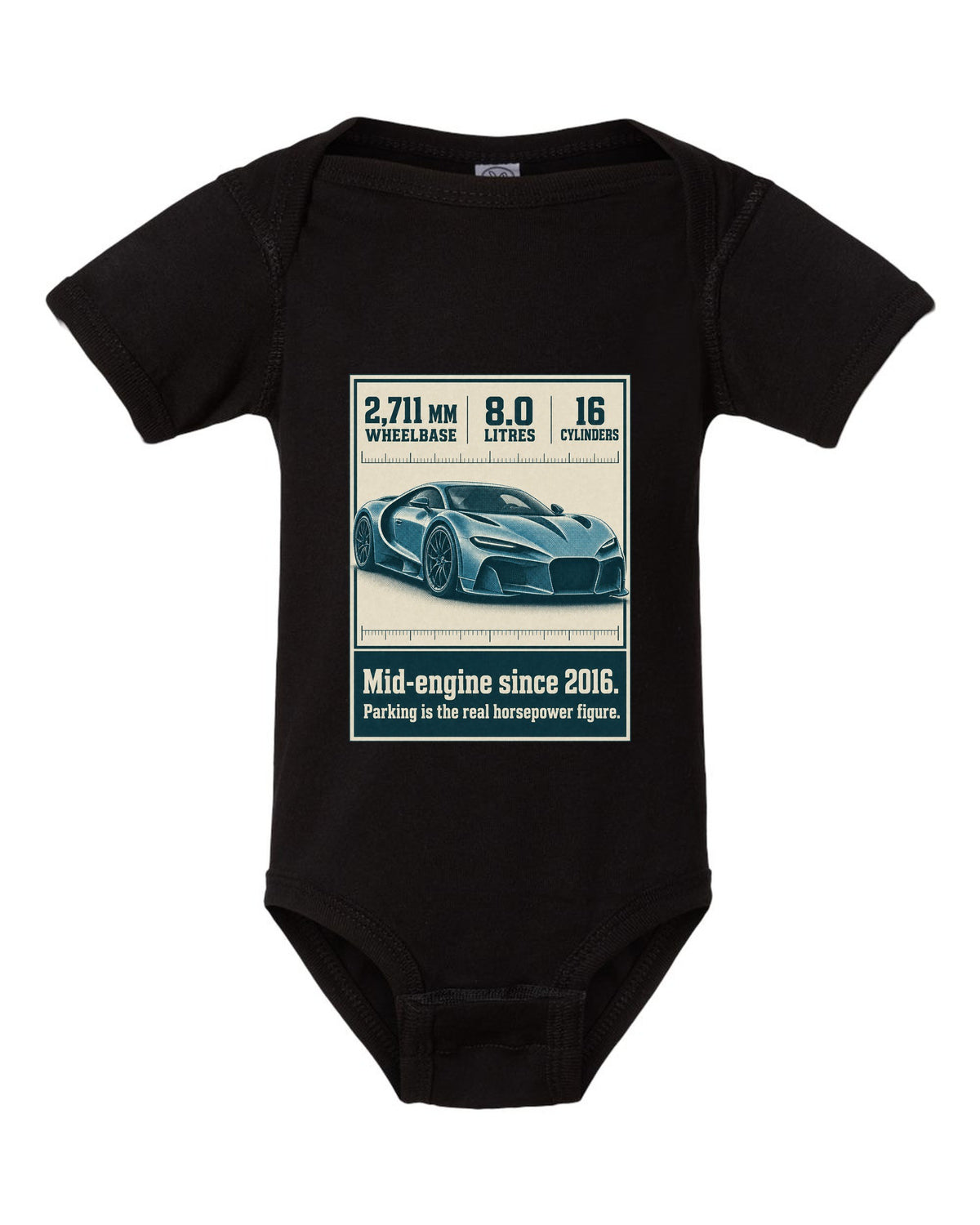 Bugatti Chiron Sport halftone print with wheelbase and engine facts black baby onesie front view with the design