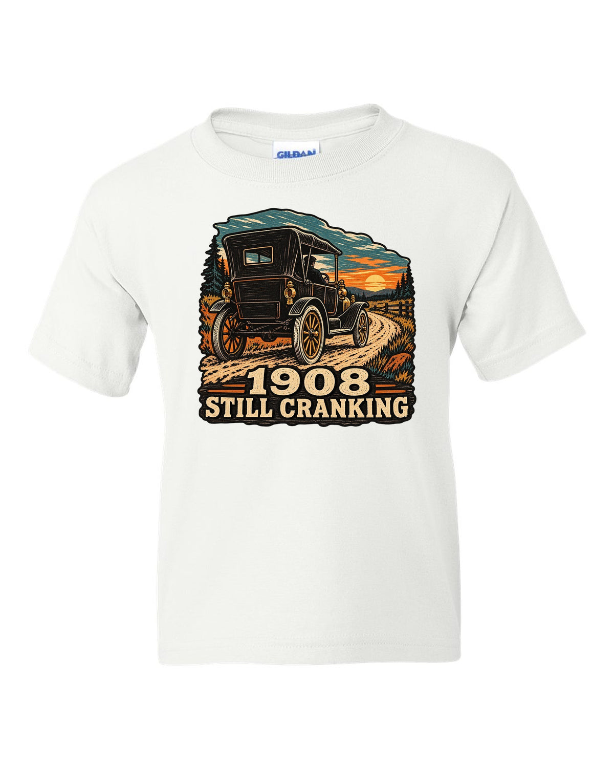 Multi-colour woodcut illustration of a Ford Model T Tin Lizzie with 1908 still cranking text white kids tee front view with the design