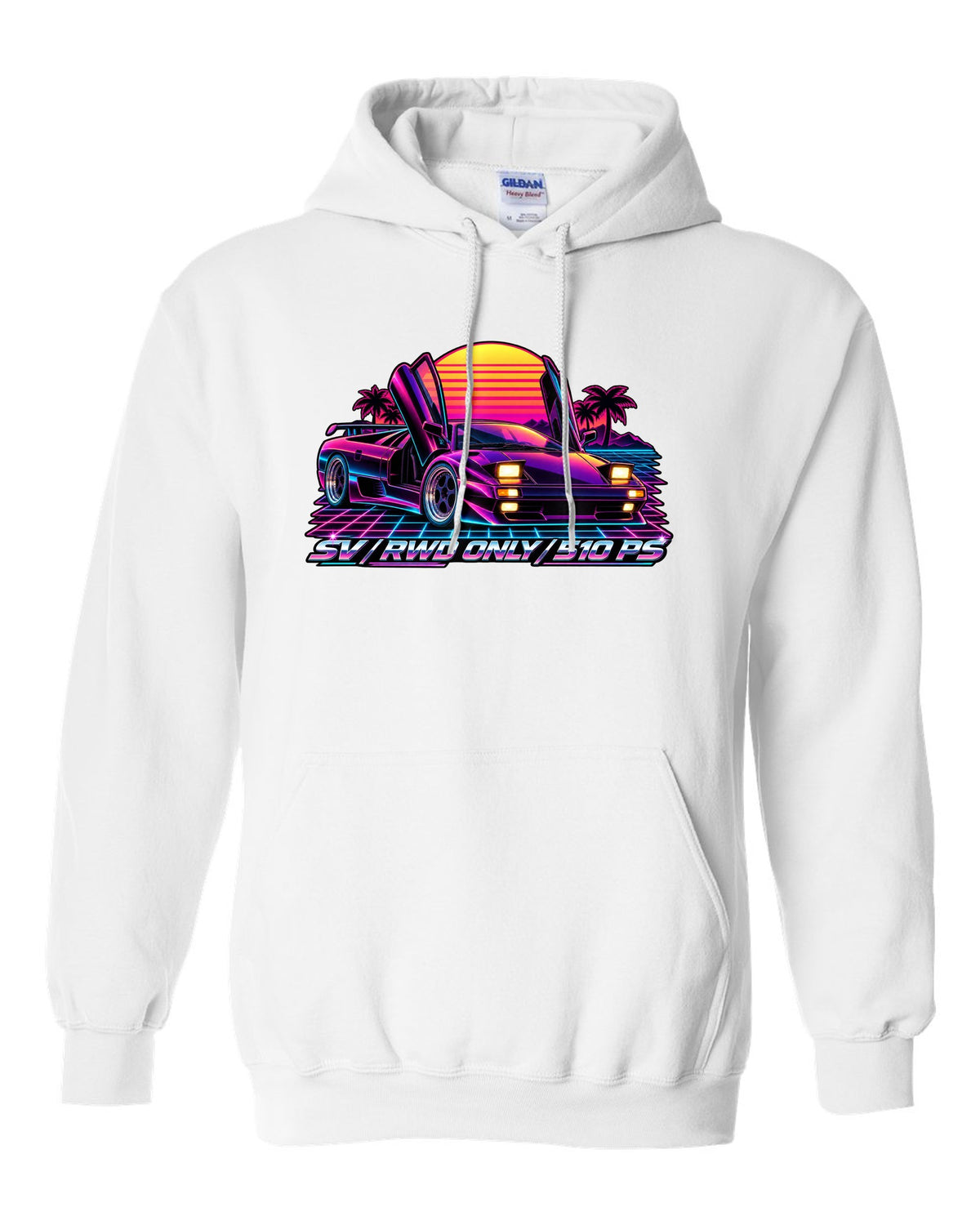 Synthwave outrun style Lamborghini Diablo SV with RWD only and 510 PS lettering white pull over hoodie front view with the design