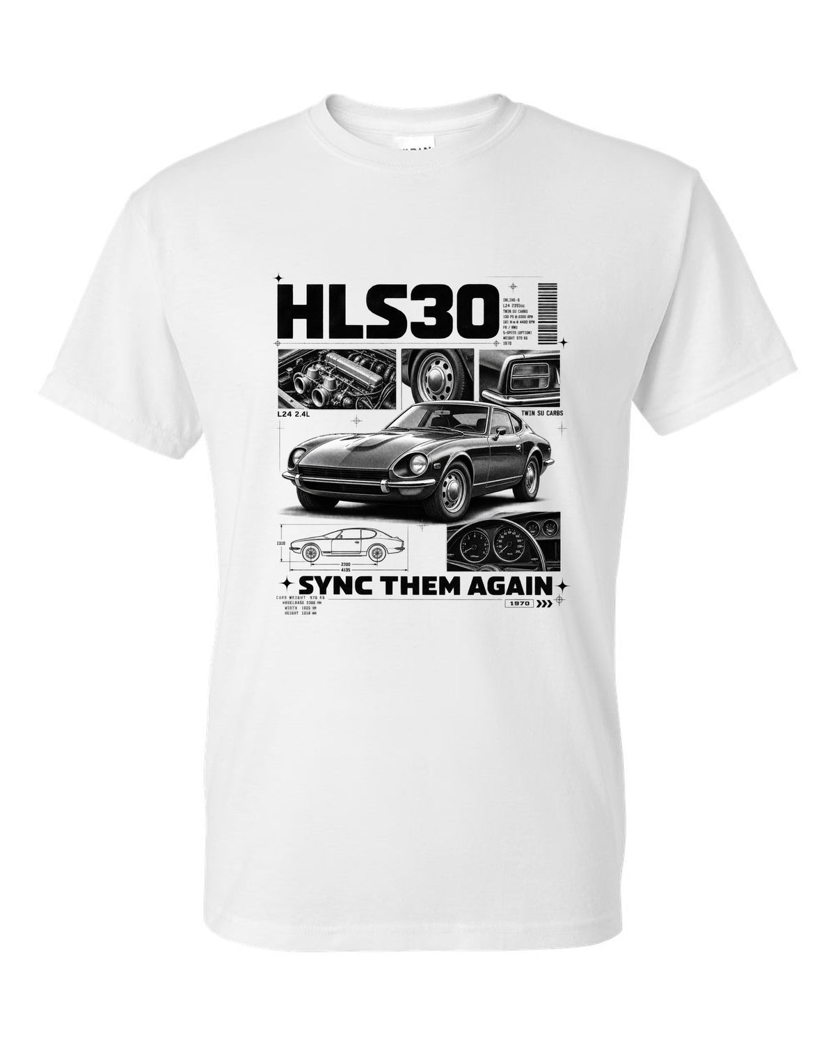Dossier panel print of a 1970 Datsun 240Z HLS30 with L24 and twin SU carbs text white t-shirt front view with the design