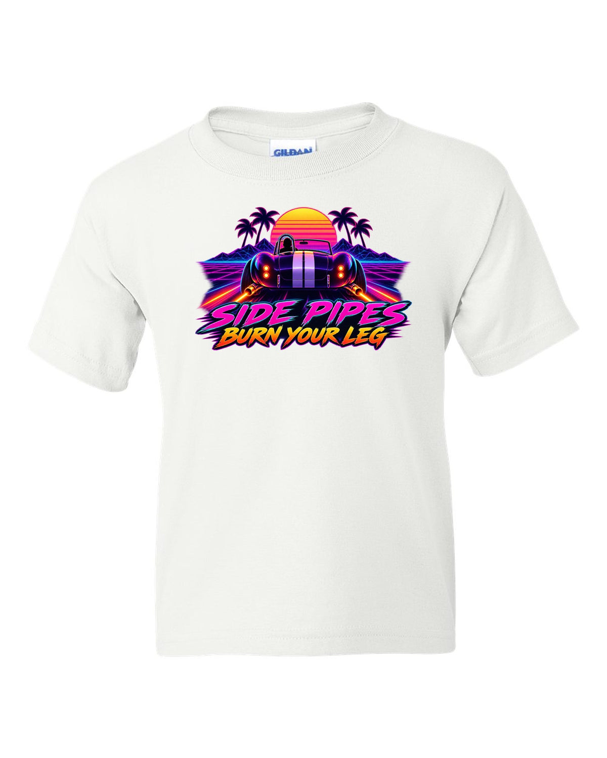 Shelby Cobra 427 Side Pipes Synthwave Outrun white kids tee front view with the design