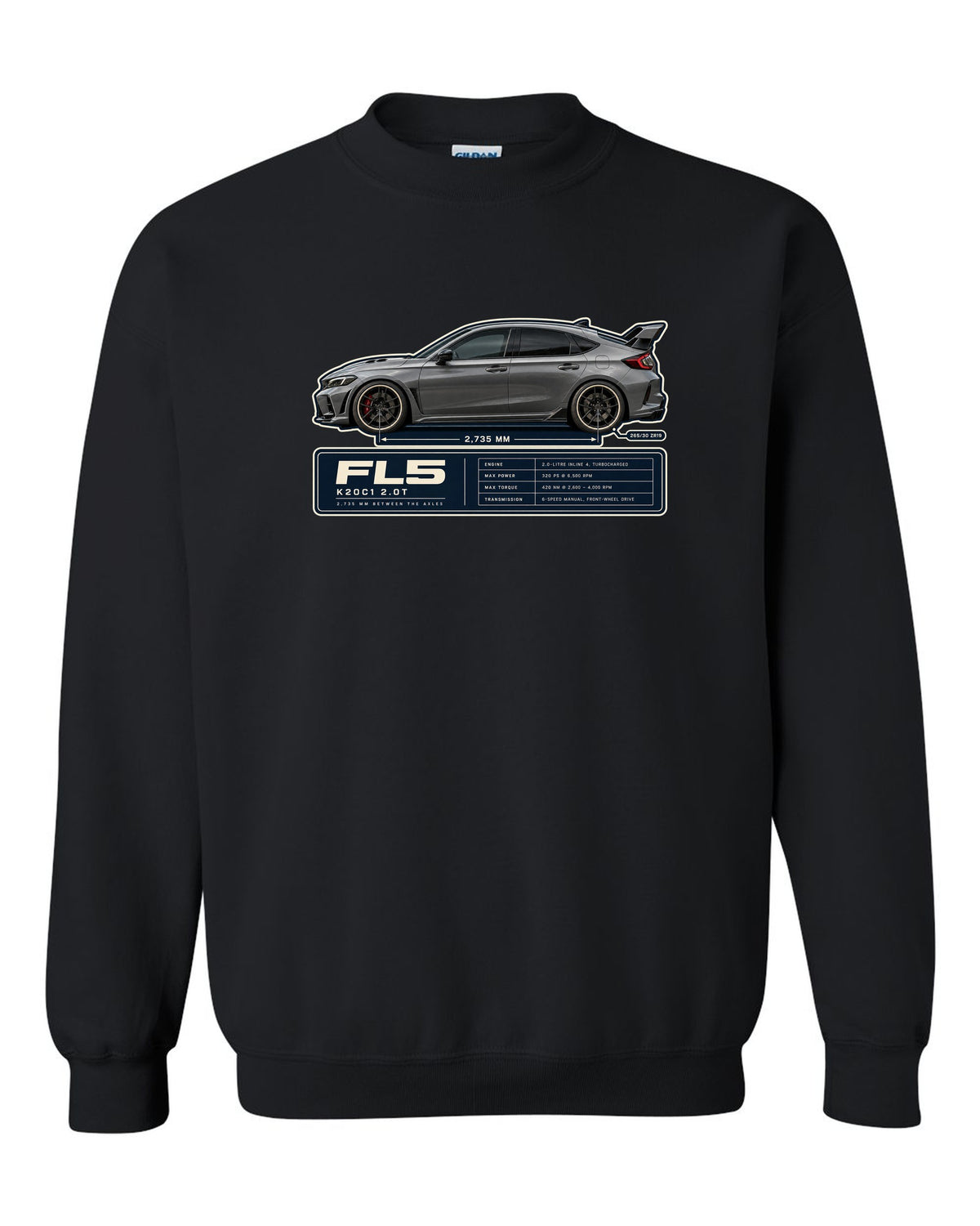 Honda Civic Type R FL5 Wheelbase Blueprint black crewneck front view with the design
