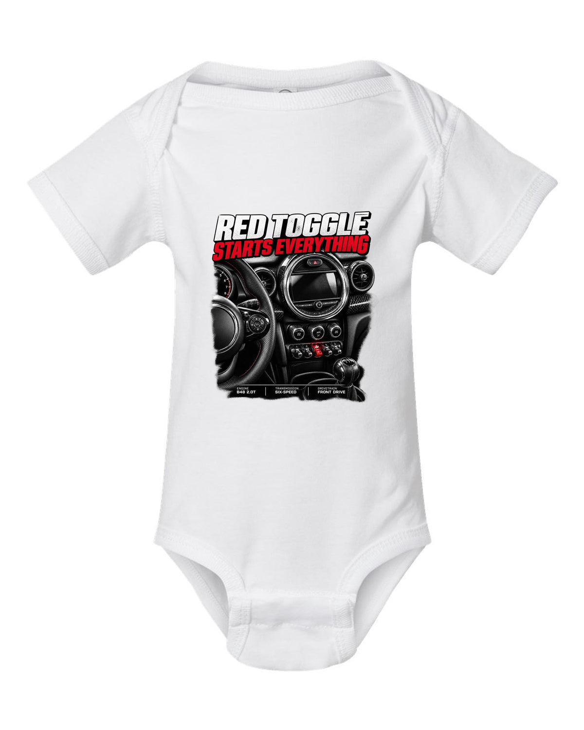 print of the Mini Cooper JCW F56 centre stack with the red toggle switch white baby onesie front view with the design