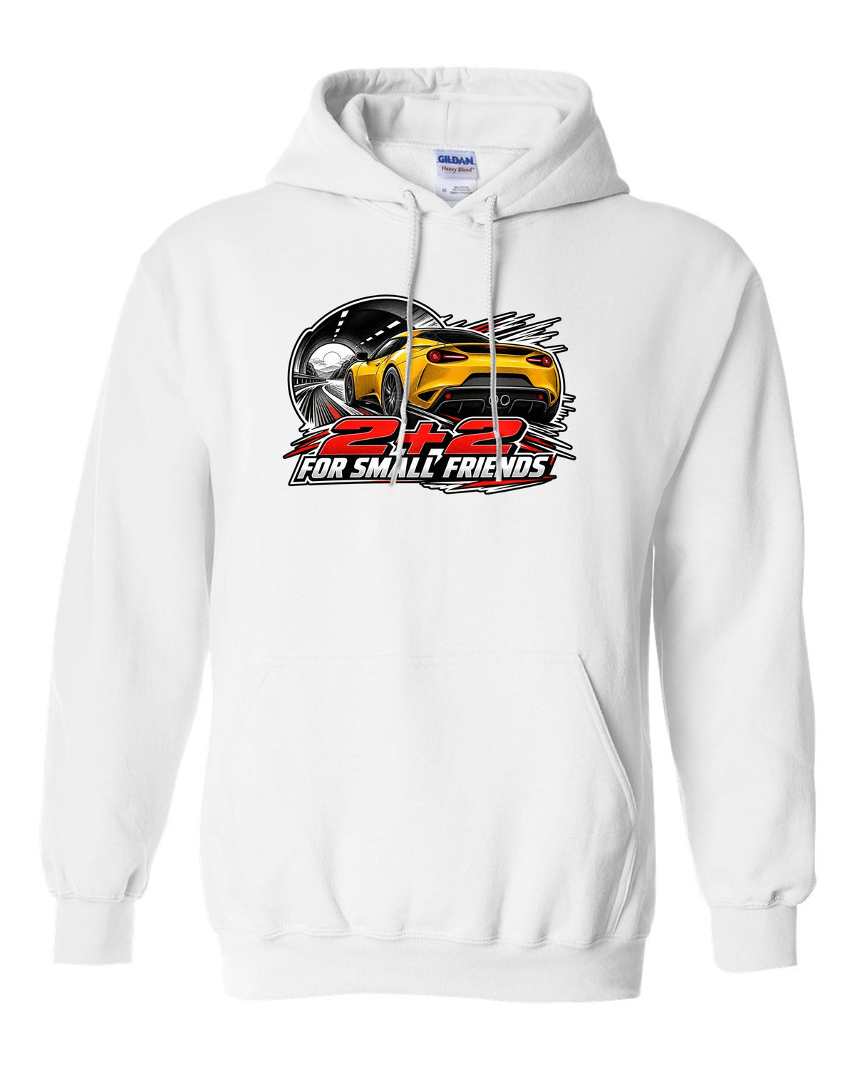 Lotus Evora rear view in retro manga halftone with 2+2 FOR SMALL FRIENDS lettering white pull over hoodie front view with the design