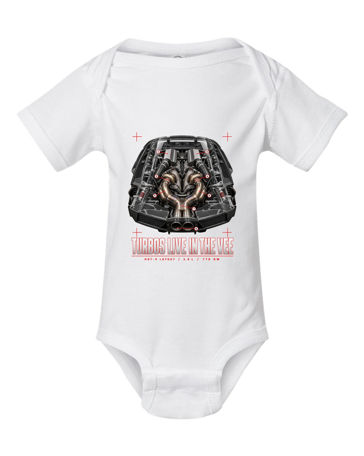 Engine cover callout print of a Ferrari F8 Tributo with hot-V layout, 3.9 L and 770 Nm white baby onesie front view with the design