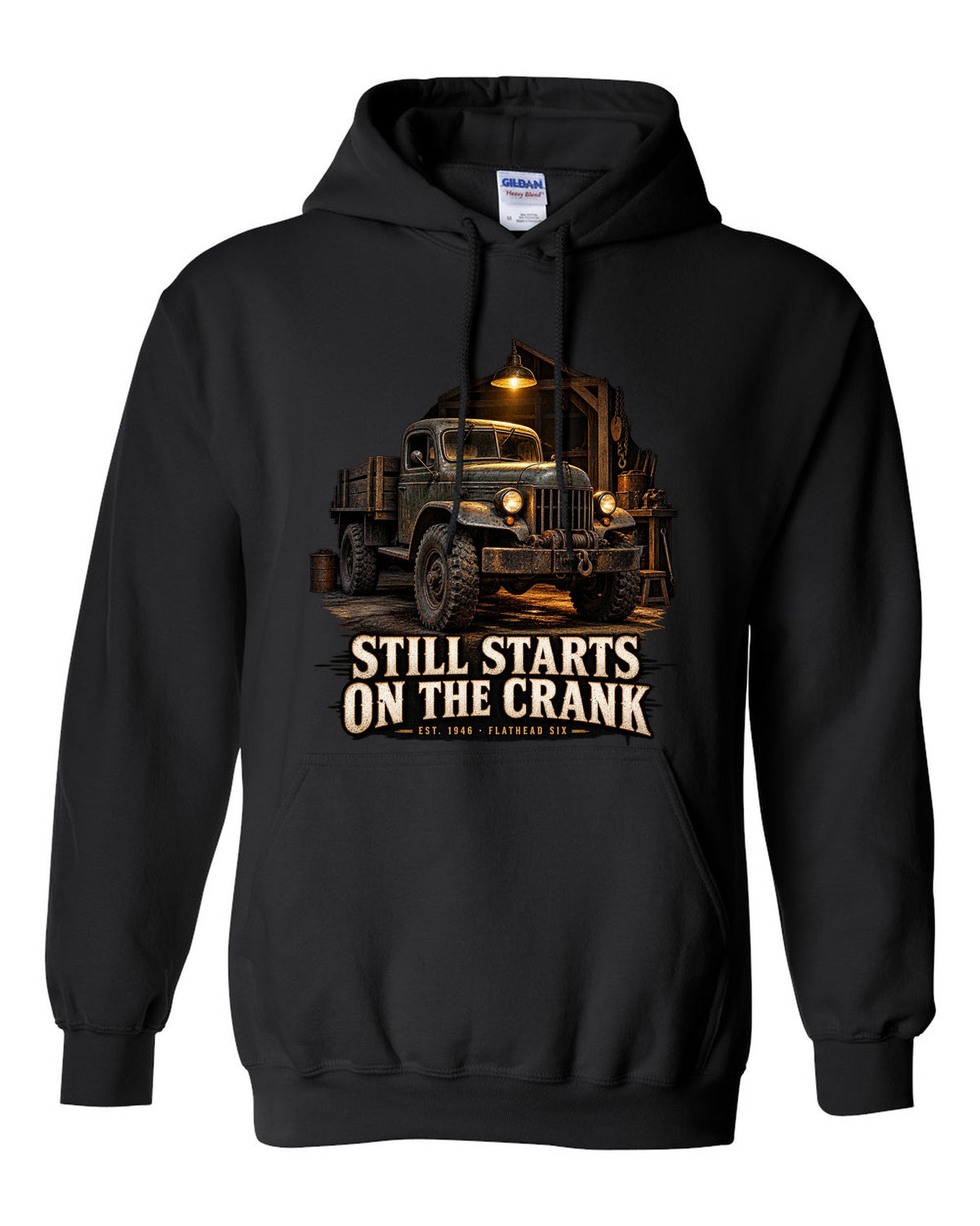 Garage night print of a 1946-1960s Dodge Power Wagon flat fender with starts on the crank text black pull over hoodie front view with the design