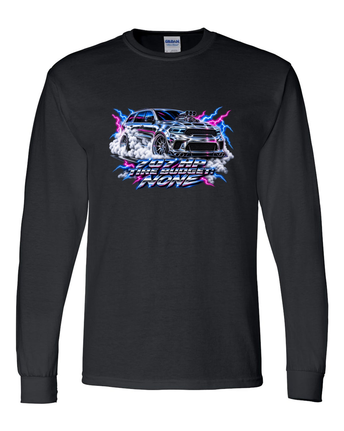80s airbrush chrome print of a Jeep Grand Cherokee WK2 Trackhawk with 707 HP text black long sleeve front view with the design