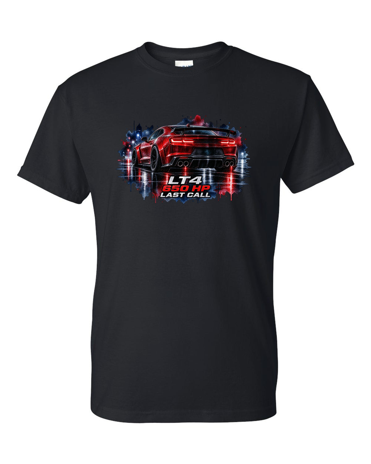 2023 Camaro ZL1 on a wet night road in watercolour style with LT4 650 HP Last Call text black t-shirt front view with the design
