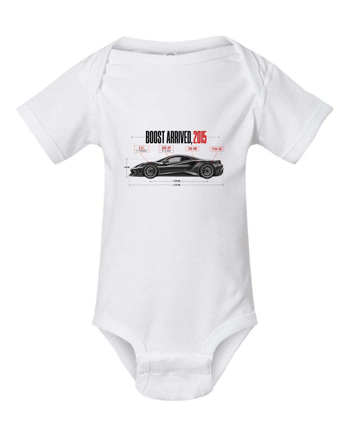 Spec poster print of a Ferrari 488 GTB F154 CB with Boost Arrived 2015, 3.9 L, 660 hp, 760 Nm white baby onesie front view with the design