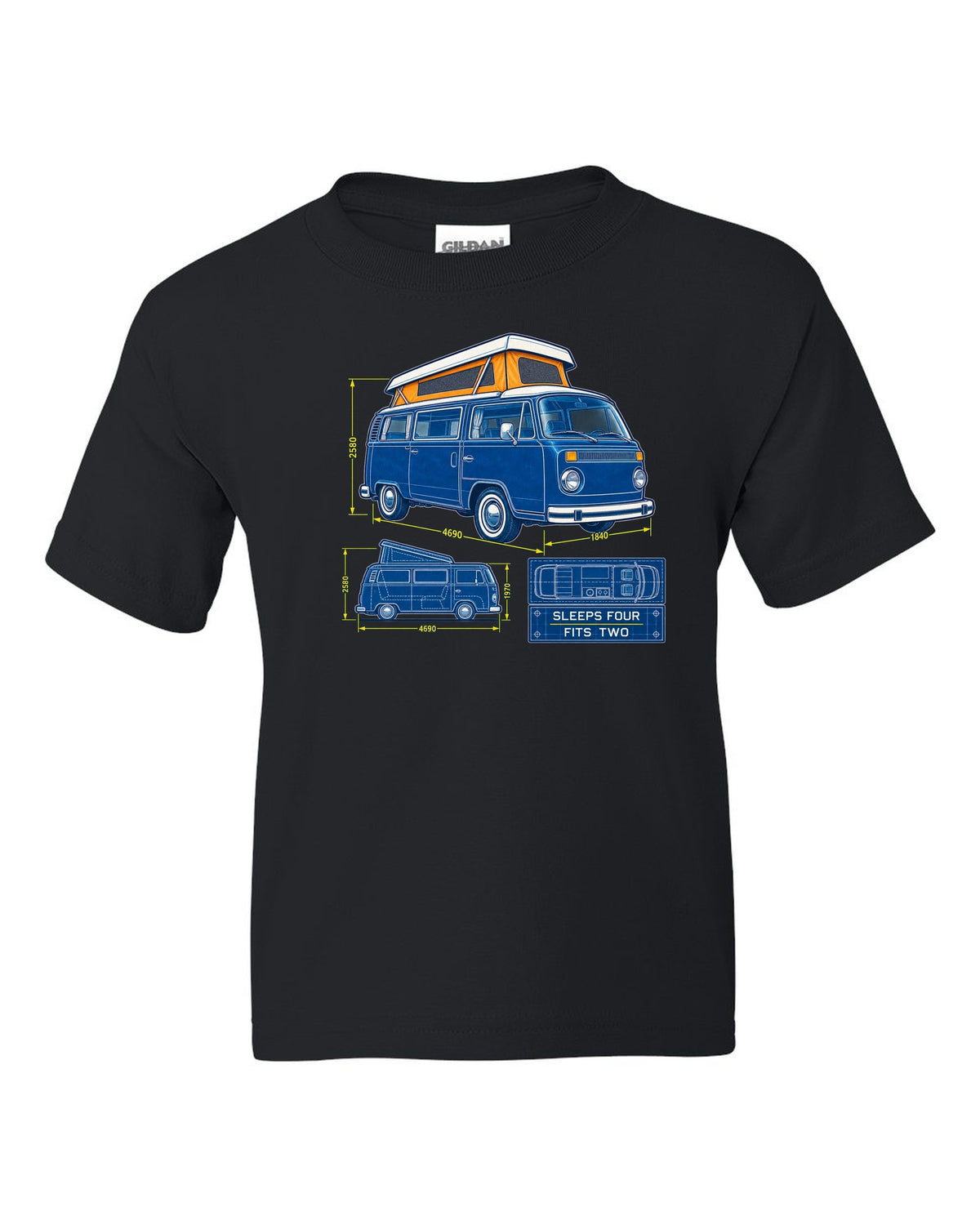 Cyanotype negative blueprint of a VW Bay Window T2 camper with sleeps four fits two text black kids tee front view with the design