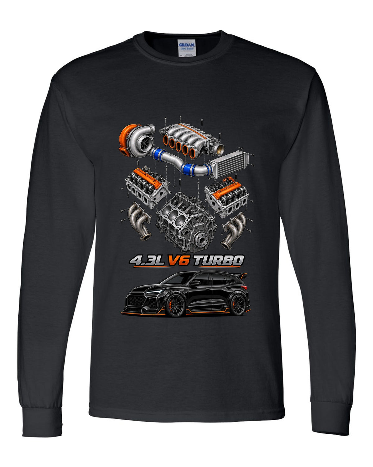 Exploded cutaway drawing of the 4.3L turbo V6 engine in a 1992-93 GMC Typhoon, printed on a shirt back black long sleeve front view with the design