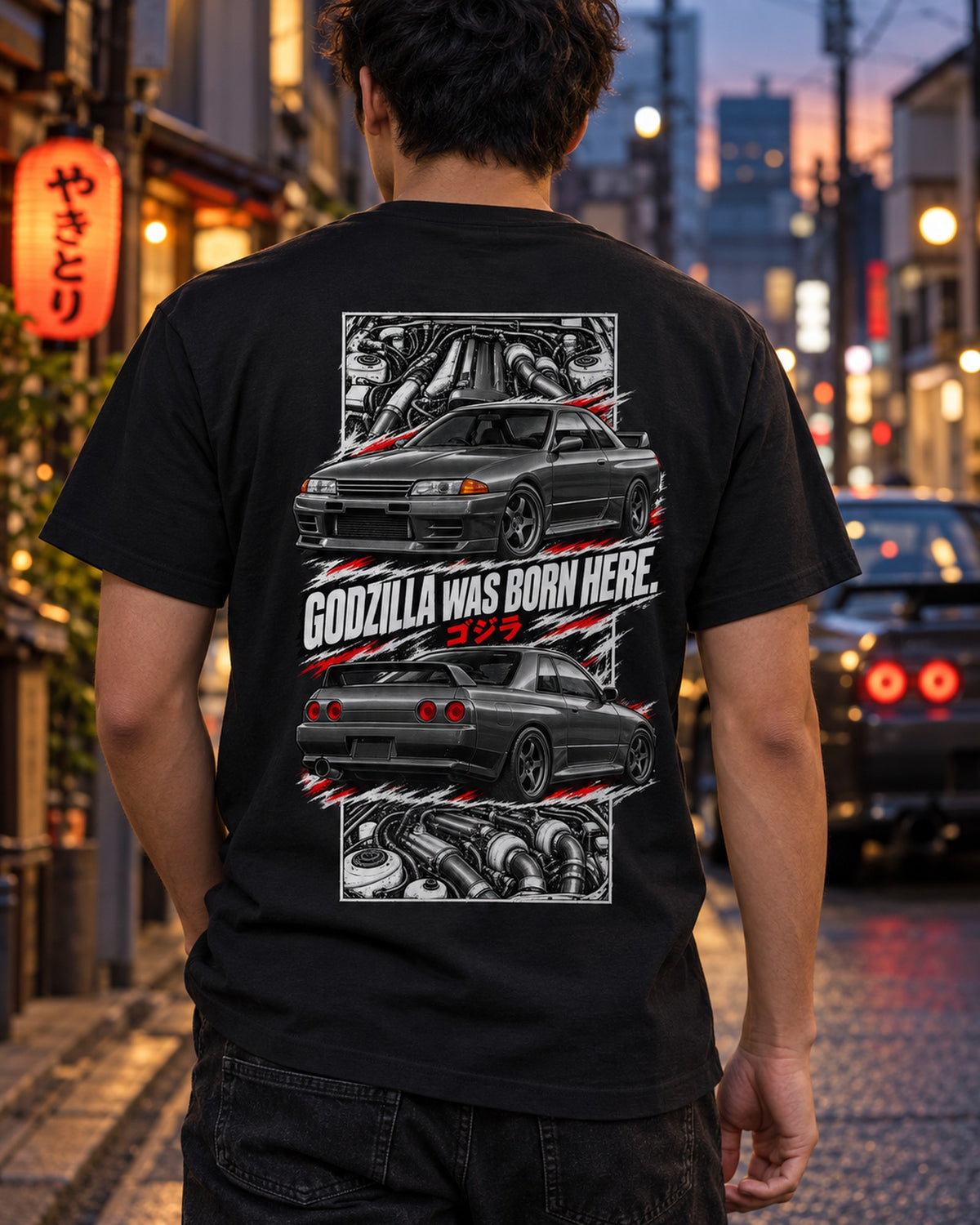 Nissan Skyline GT-R R32 Torn Poster Full-Back Graphic Tee T-Shirt Black worn hero