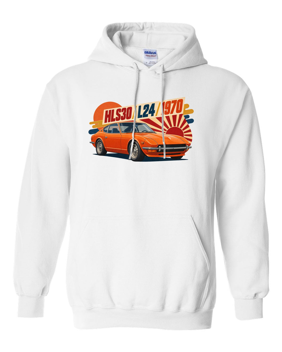 Retro Japanese showa catalogue ad of a 1970 Datsun 240Z HLS30 with L24 lettering white pull over hoodie front view with the design