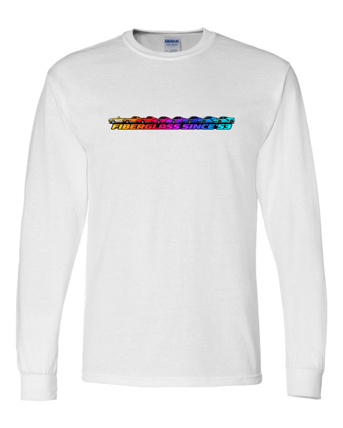 Flat gradient silhouette lineup of eight Chevrolet Corvette generations C1 to C8 with Fiberglass Since '53 text white long sleeve front view with the design