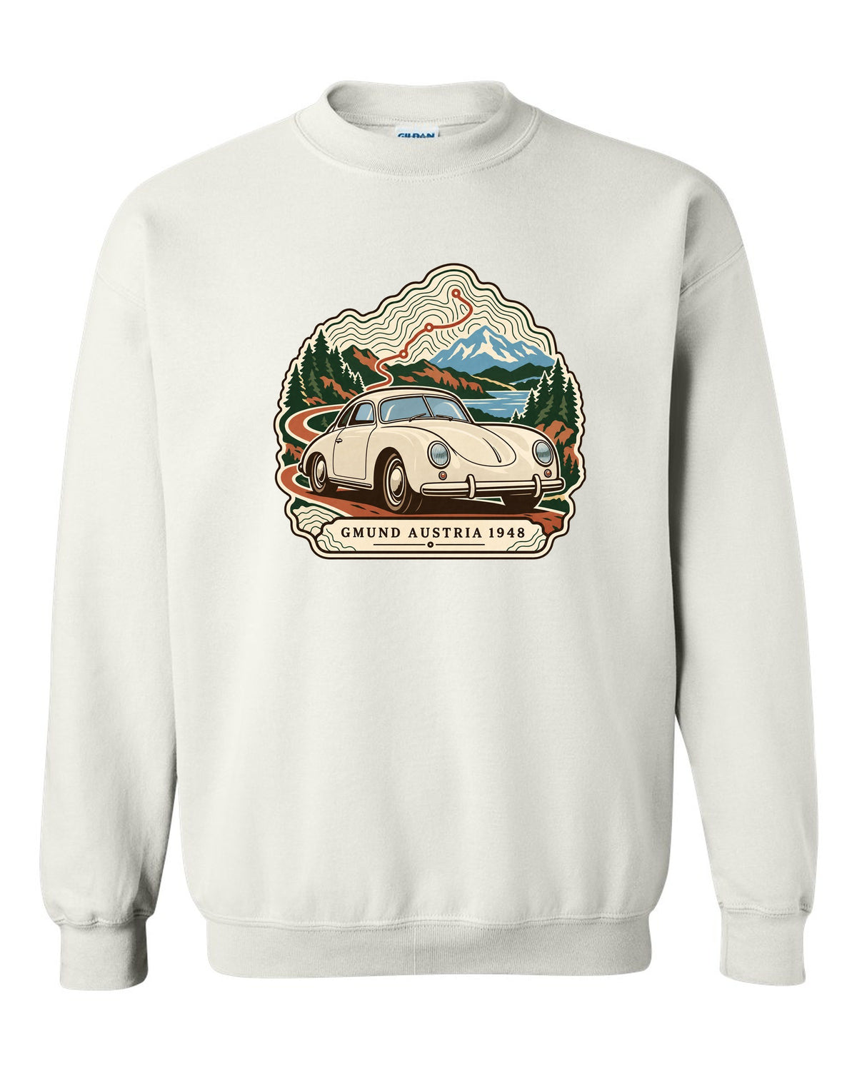 Topographic contour map design marking Gmund Austria 1948 for the Porsche 356 white crewneck front view with the design