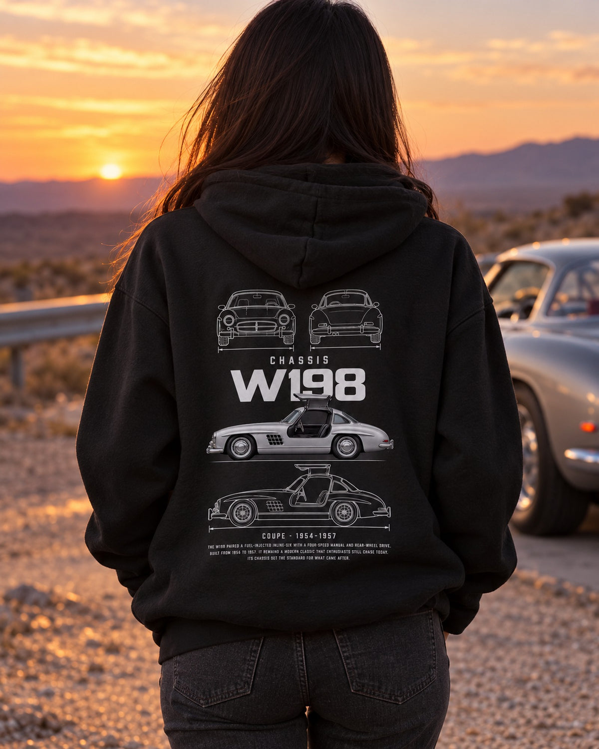 Mercedes 300 SL gullwing coupe Blueprint Full-Back Graphic Tee, W198 Chassis Code Pull Over Hoodie Black worn hero