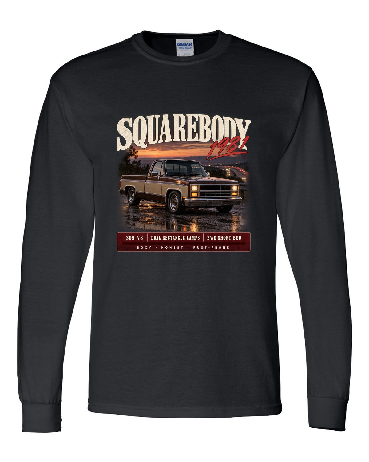1981 Squarebody C10 Silverado archive panel print black long sleeve front view with the design