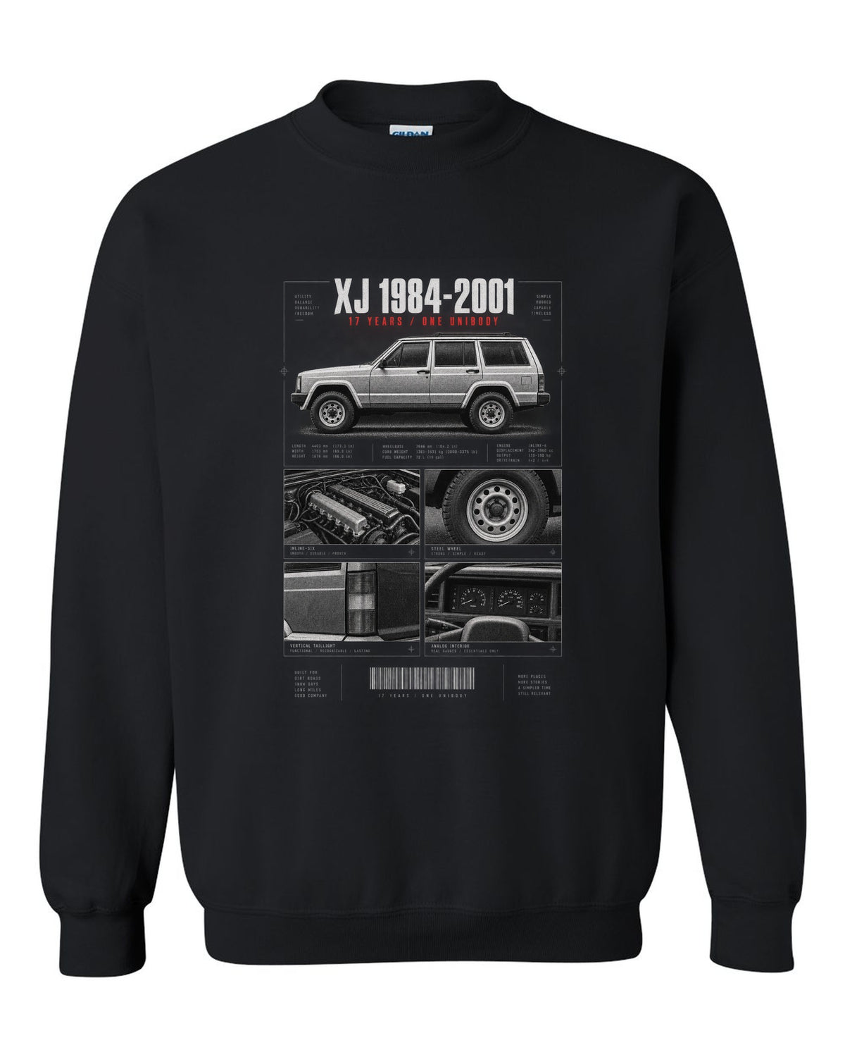 Jeep Cherokee XJ dossier panel print marking 1984 to 2001 black crewneck front view with the design