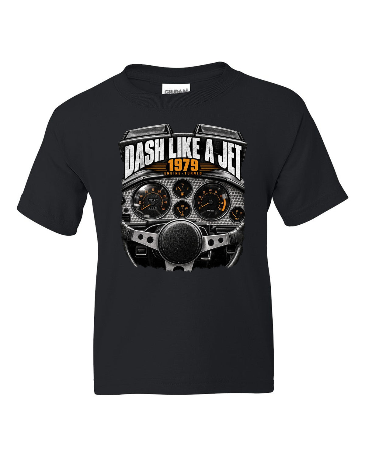 print of a 1979 Pontiac Firebird cockpit with engine-turned dash panel black kids tee front view with the design