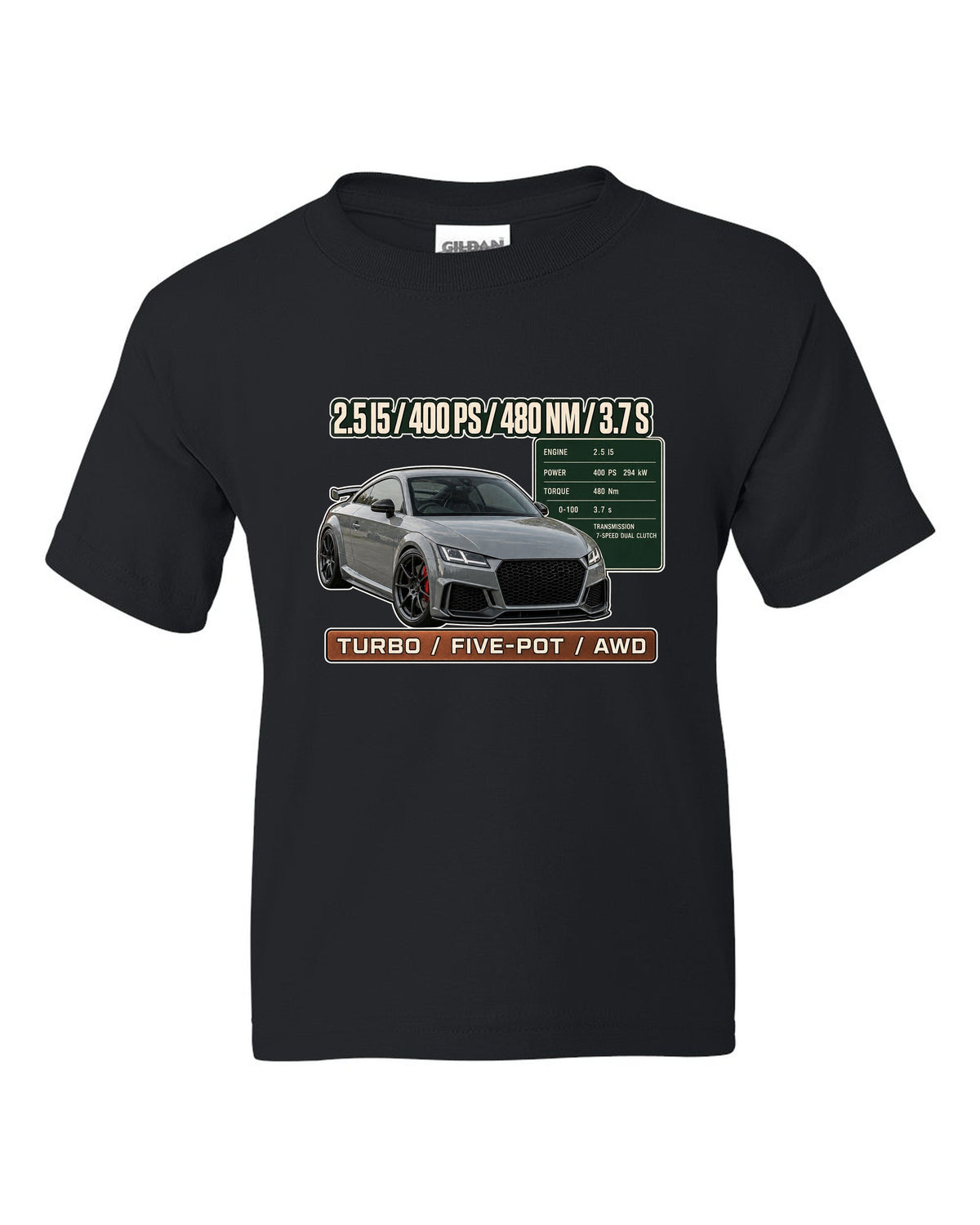 Audi TT RS 8S coupe spec poster print with 400 PS and 480 Nm black kids tee front view with the design