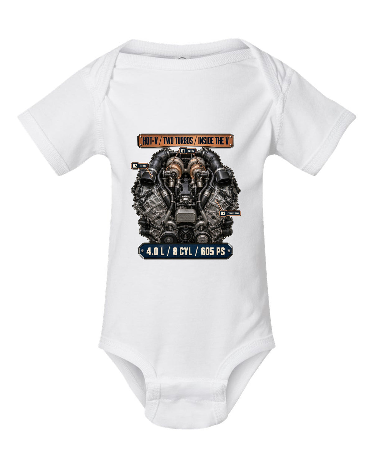 Audi RS7 4.0 TFSI engine bay hero print white baby onesie front view with the design