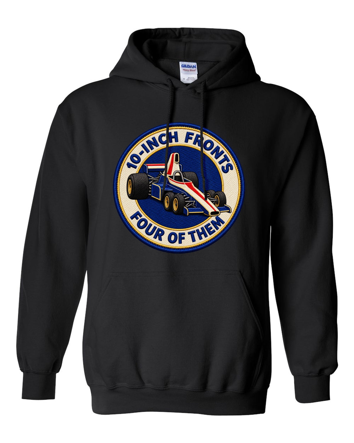 Varsity crest print of the Tyrrell P34 with 10-inch fronts, four of them lettering black pull over hoodie front view with the design