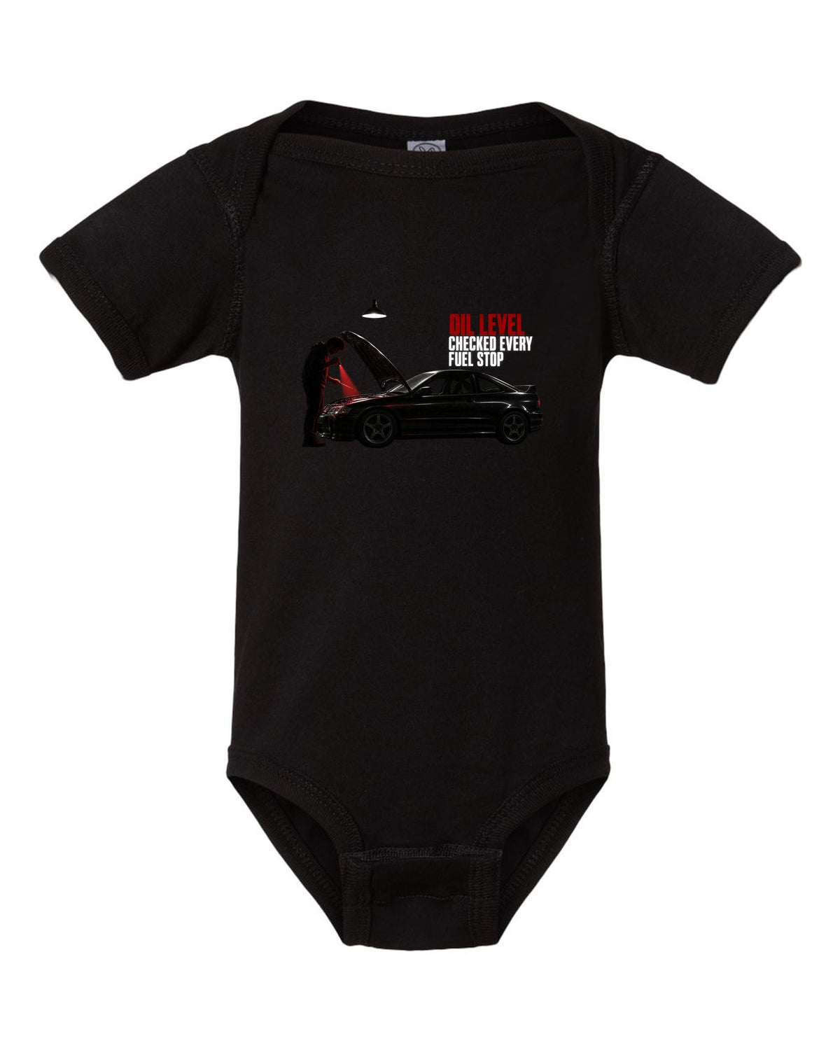 BMW E46 M3 coupe garage night print with oil level checked every fuel stop text black baby onesie front view with the design