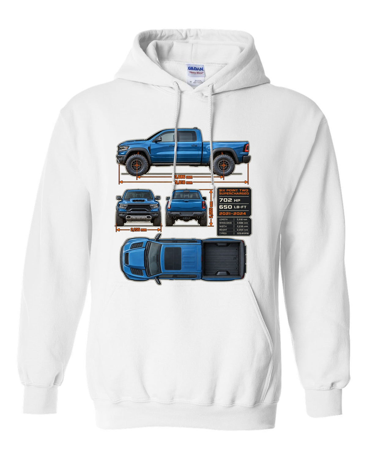 Ram 1500 TRX 2021-2024 dimension blueprint plate print white pull over hoodie front view with the design