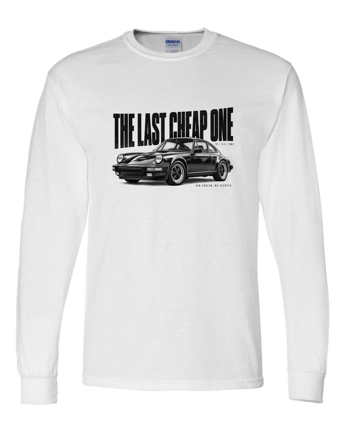 Halftone print of a Porsche 911 SC G-series with The Last Cheap One caption white long sleeve front view with the design