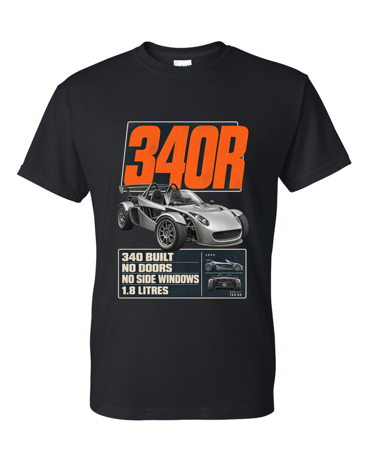 Lotus Elise 340R doorless roadster editorial headline print design black t-shirt front view with the design