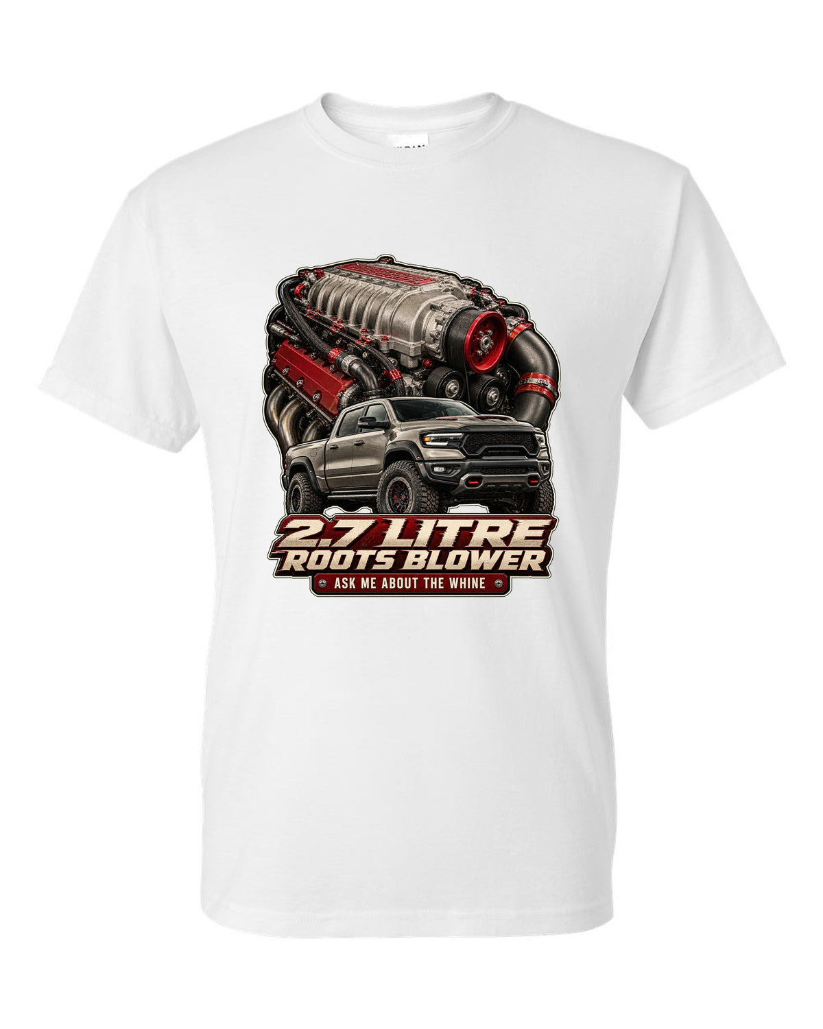 Ram 1500 TRX 2.7 litre Roots supercharger engine poster print white t-shirt front view with the design