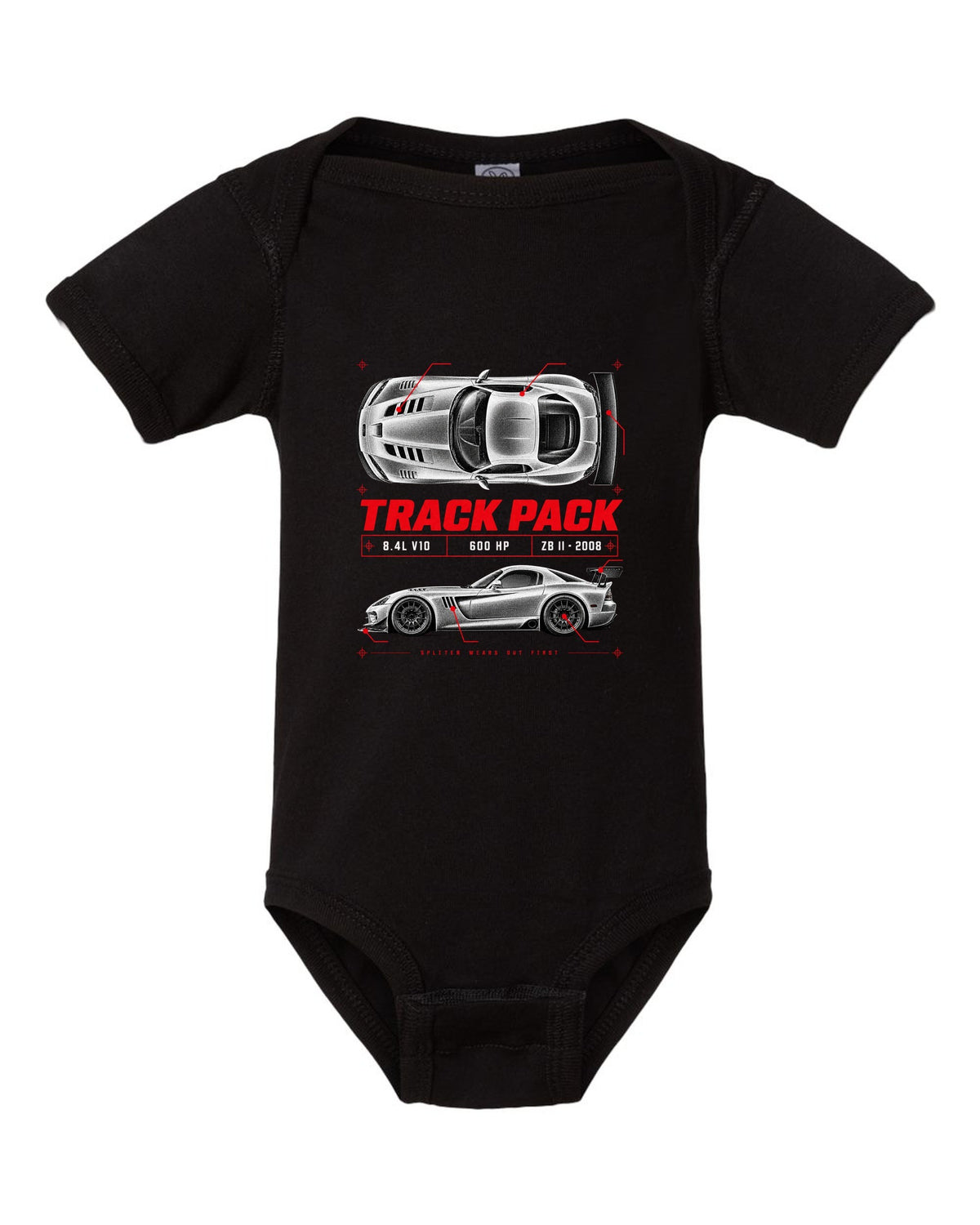 Spec poster print of a 2008 Dodge Viper ACR ZB II with Track Pack, 8.4L V10 and 600 HP text black baby onesie front view with the design