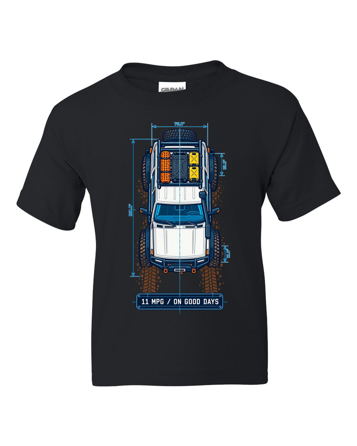 Top-down blueprint line art of a Toyota Land Cruiser FJ80 with roof rack and 11 MPG lettering black kids tee front view with the design