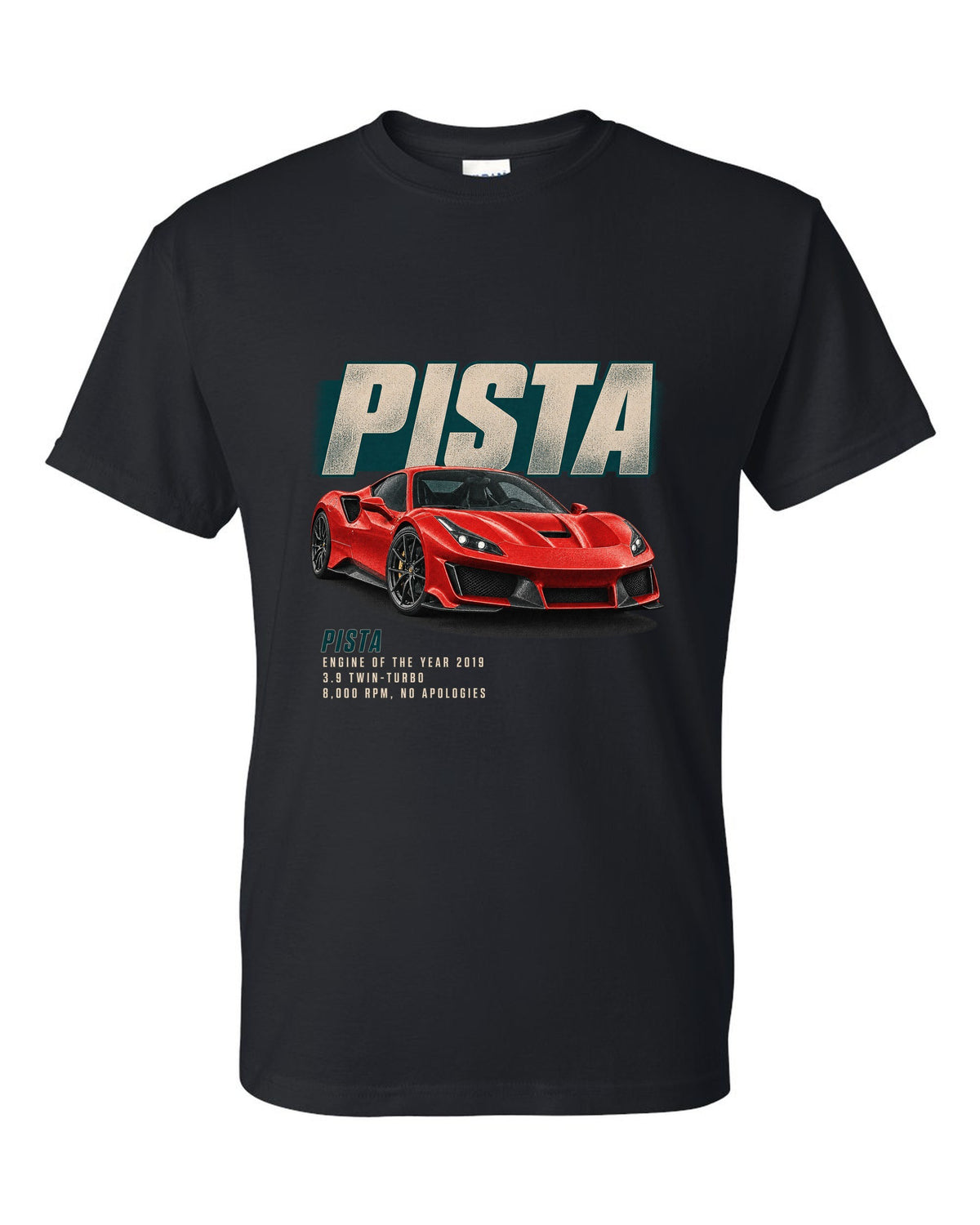 Editorial headline print of a red Ferrari 488 Pista in front three-quarter view black t-shirt front view with the design