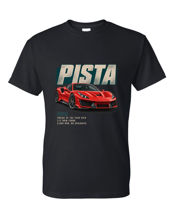 Editorial headline print of a red Ferrari 488 Pista in front three-quarter view black t-shirt front view with the design