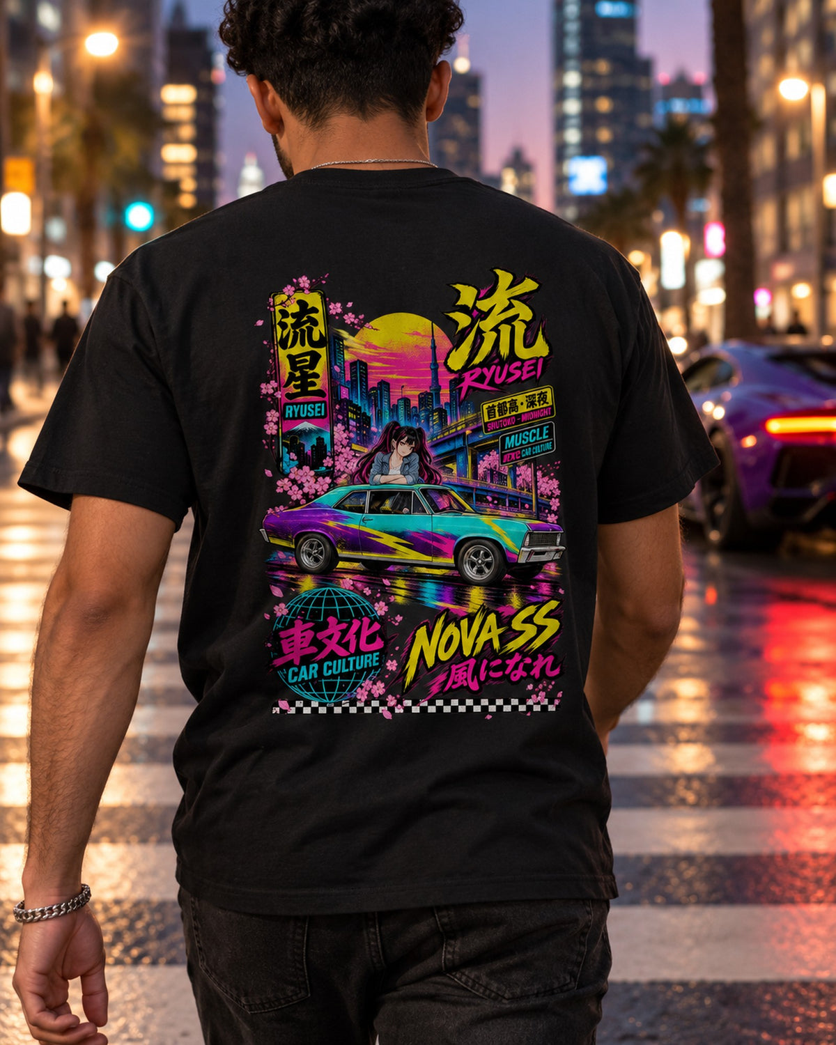 RYUSEI NOVA SS Anime Girl Full-Back Graphic Tee T-Shirt Black worn hero