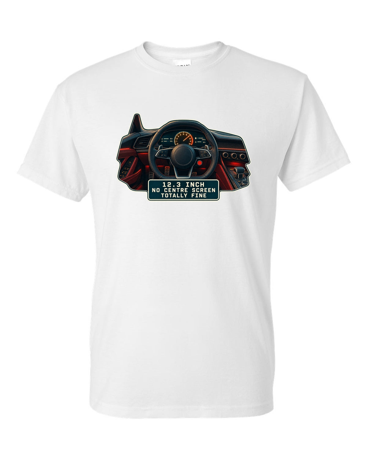 Audi R8 V10 Type 4S virtual cockpit digital gauge print design white t-shirt front view with the design