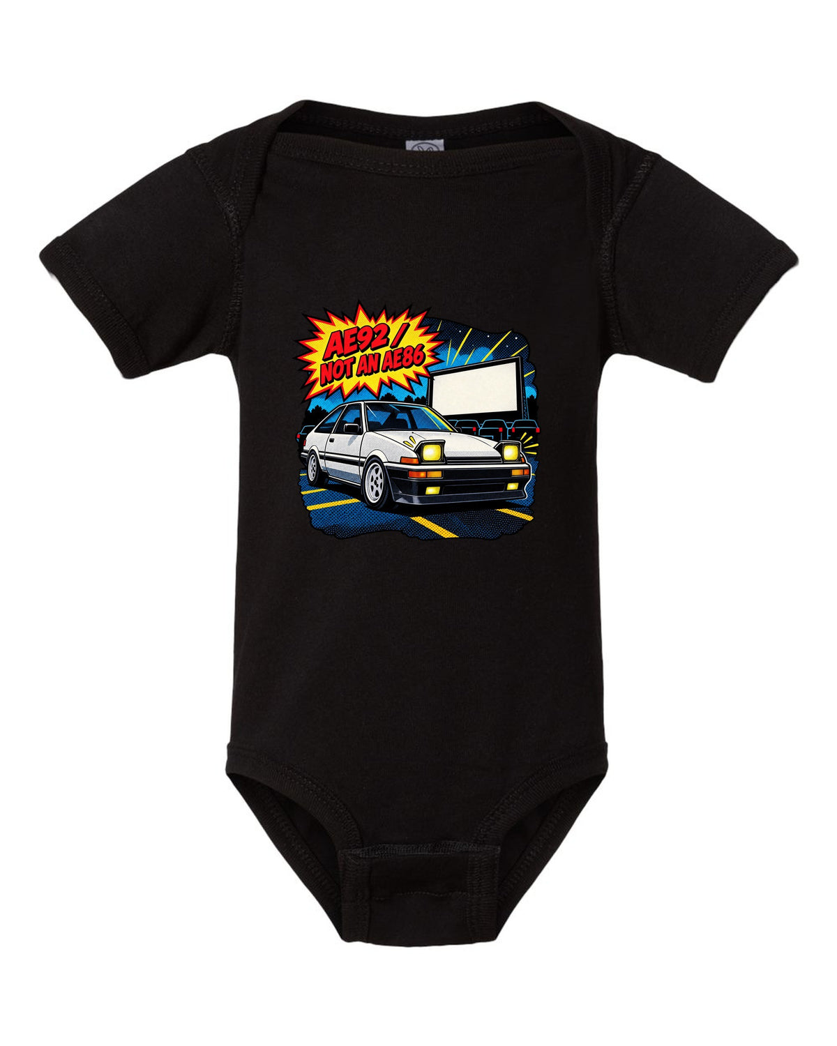 Comic halftone pop-art of a Toyota Corolla AE92 Trueno with the text AE92 Not an AE86 black baby onesie front view with the design