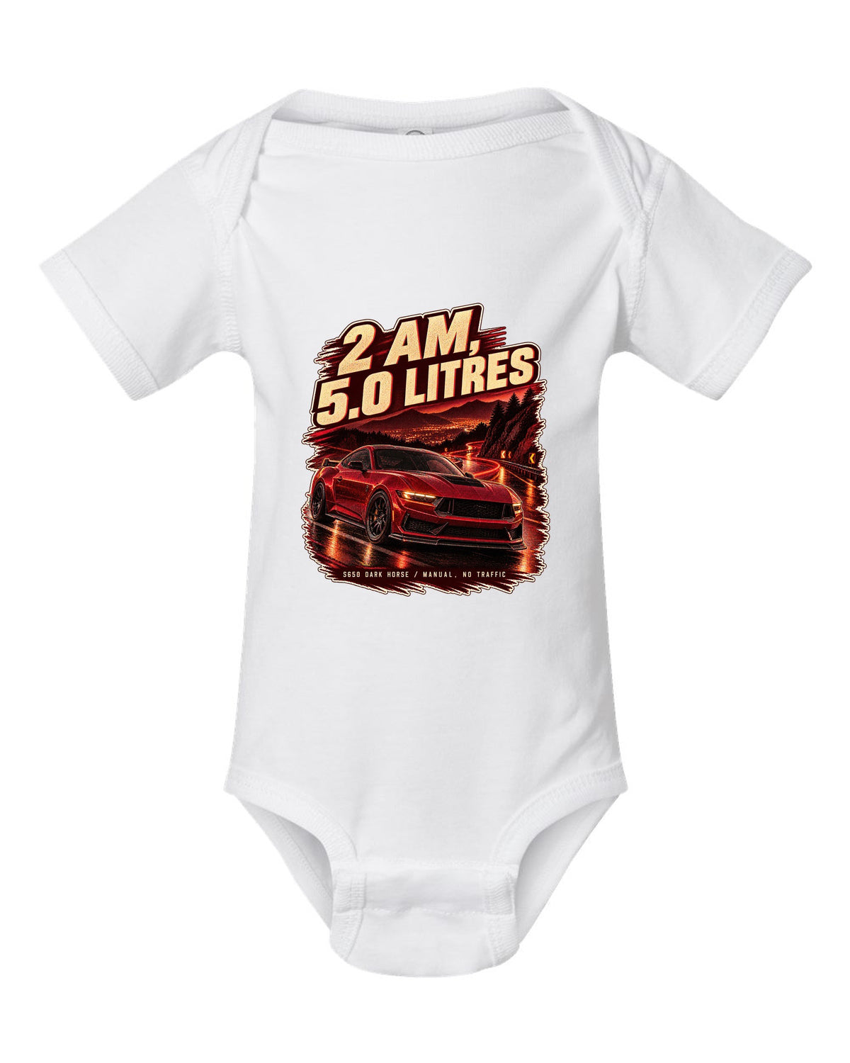 Ford Mustang S650 Dark Horse on an empty night street print white baby onesie front view with the design
