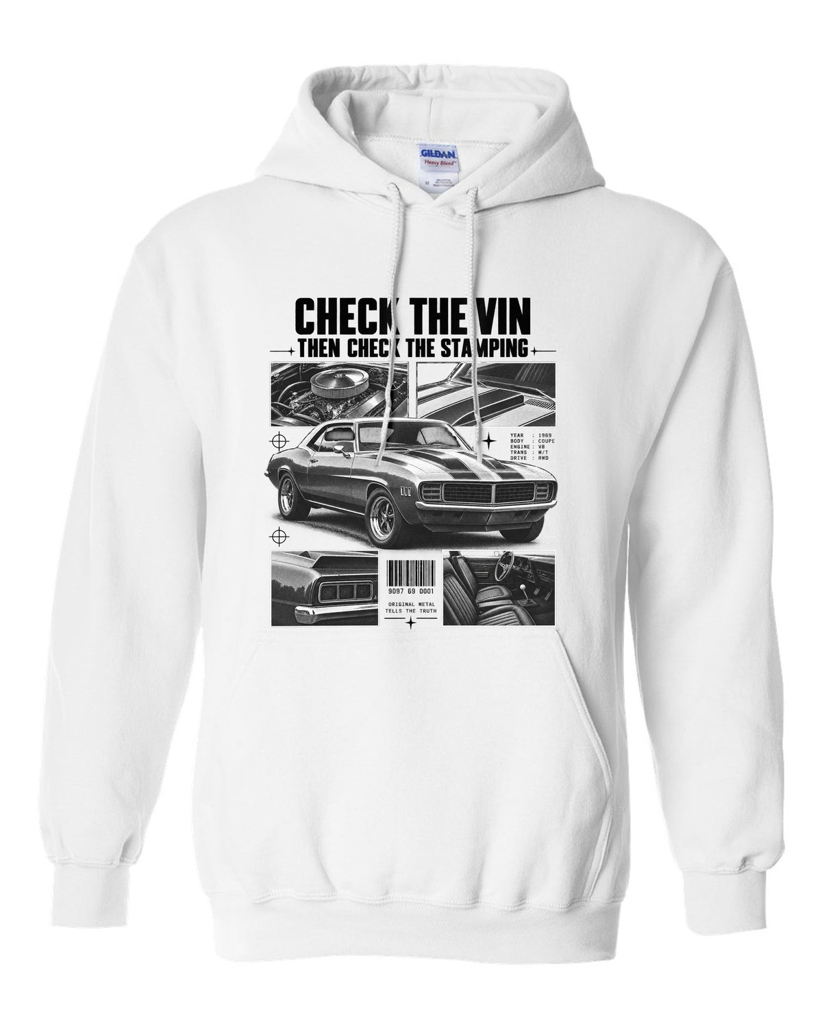 Dossier-panel print of a 1969 Chevrolet Camaro with check the VIN and stamping text white pull over hoodie front view with the design