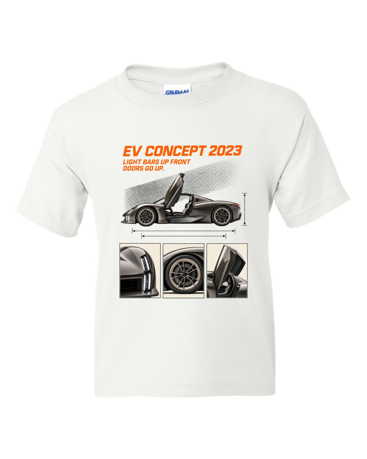 Porsche Mission X electric concept dossier panels print design white kids tee front view with the design