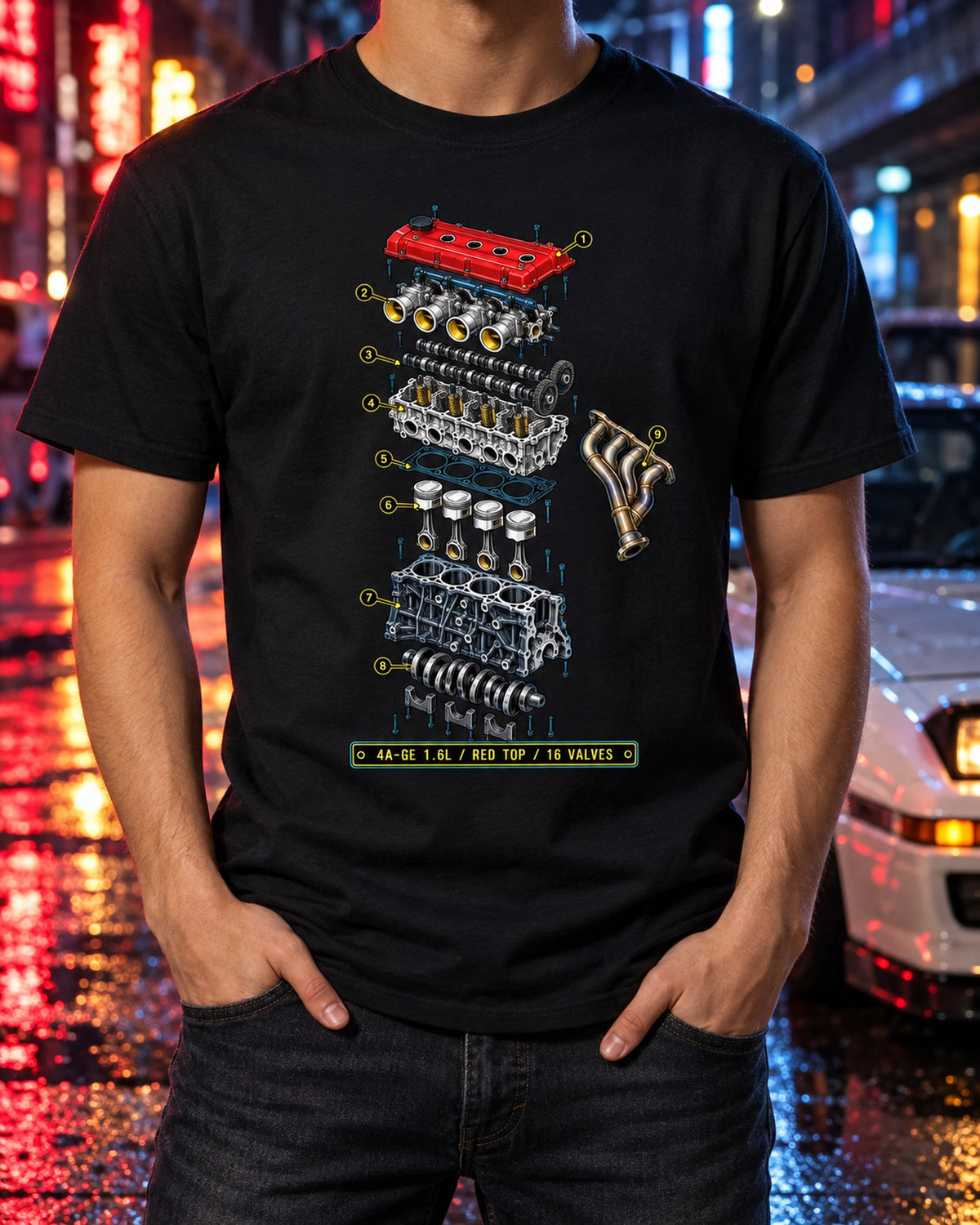 Toyota AE86 Corolla Levin 4A-GE Exploded Blueprint Tee T-Shirt Black worn hero
