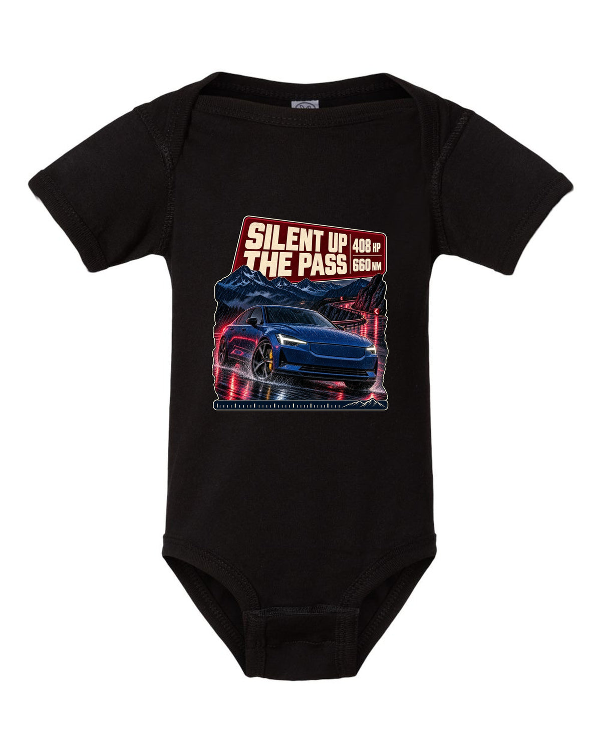 Polestar 2 Launch Edition driving a mountain pass at night, print design black baby onesie front view with the design