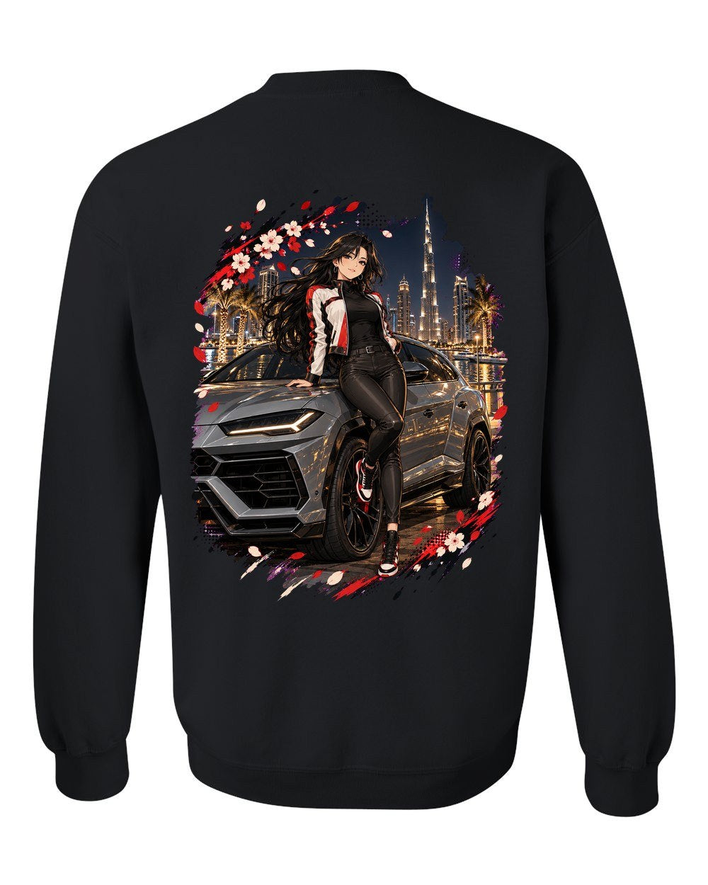 Lamborghini Urus Anime Girl Crewneck Black back