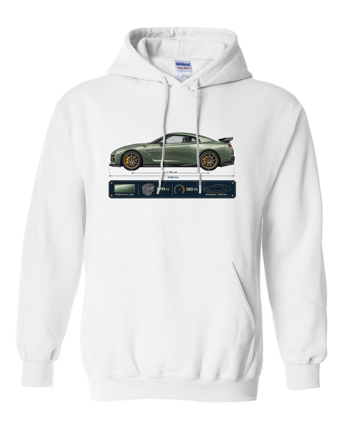 Nissan GT-R R35 T-spec Millennium Jade blueprint print white pull over hoodie front view with the design