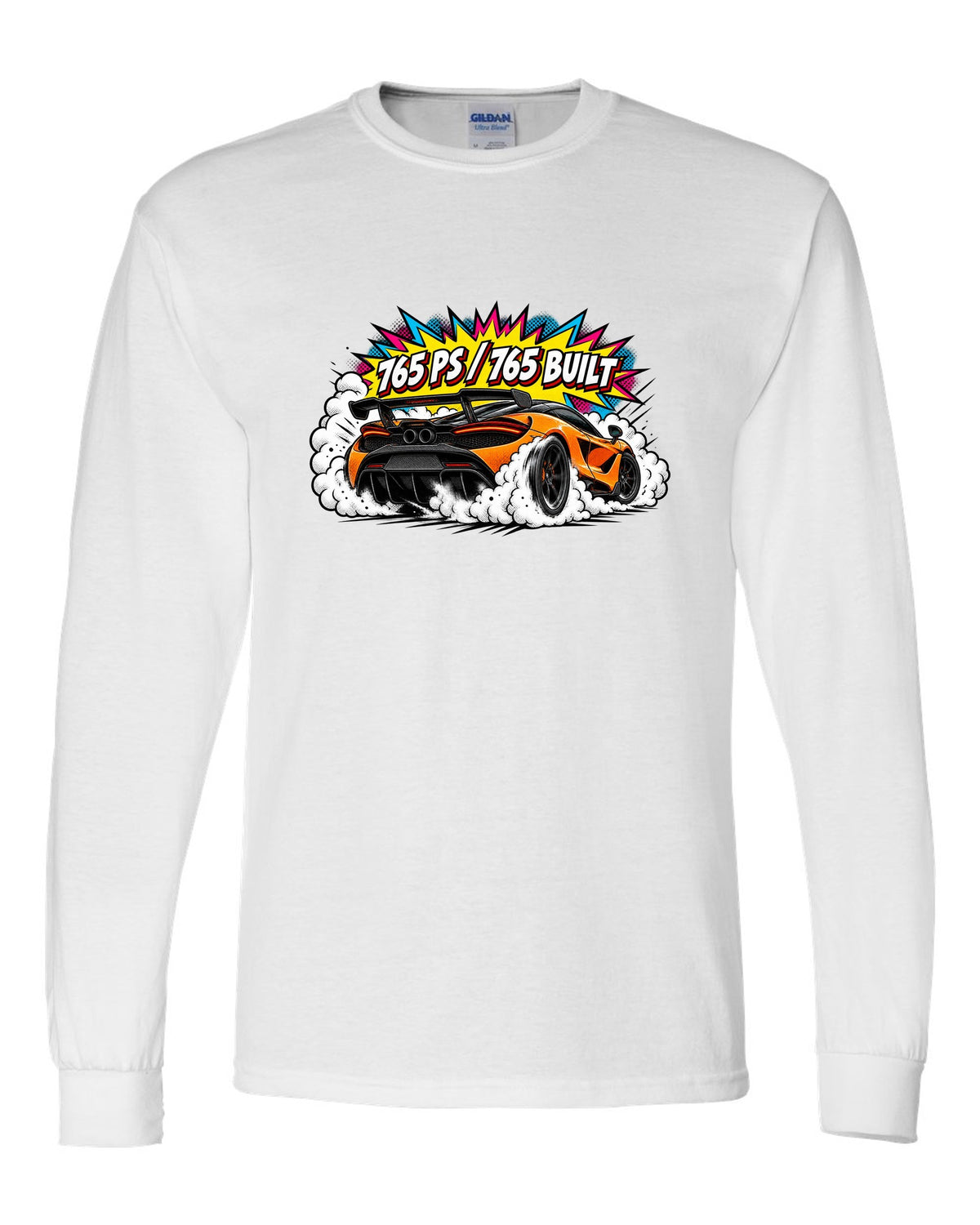 Comic halftone pop-art print of a McLaren 765LT burnout with 765 PS and 765 Built lettering white long sleeve front view with the design