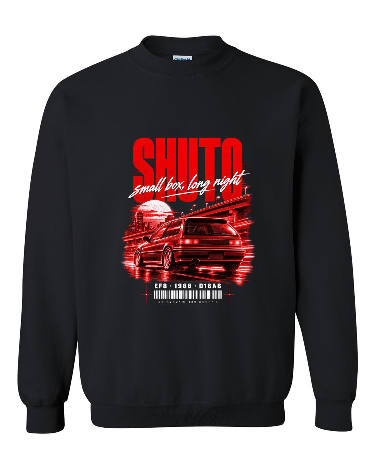 Street poster print for the 1988 Honda CRX EF8 Si with Shuto night lettering and D16A6 engine code black crewneck front view with the design
